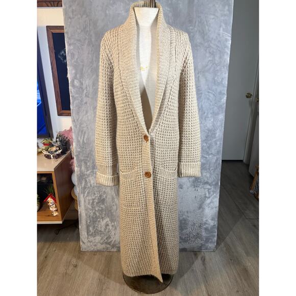 Vintage 70's Maxi Chunky Knit Mohair Wool Cardigan Beige 2 Button Casual Sweater - Picture 11 of 16